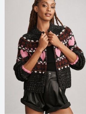 Pilcro Black Zip-Up Cardigan with Pink Heart Detail
